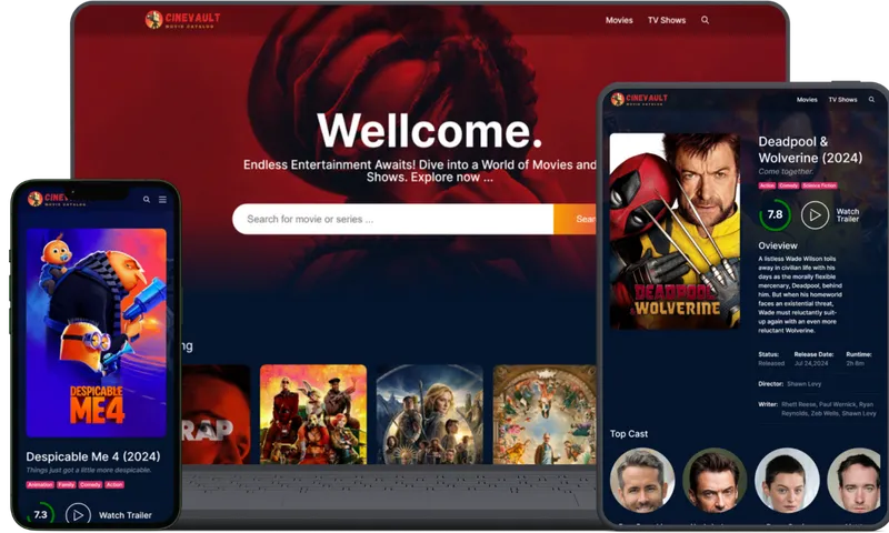 CineVault home directory displaying curated movie grids and categories.