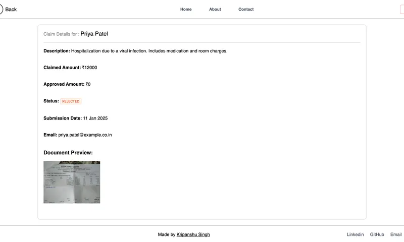 Patient claims submission form with digital invoice uploader.