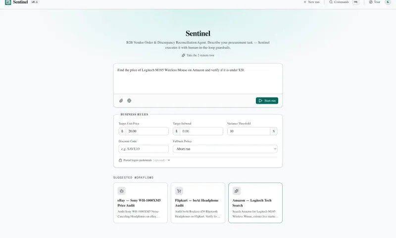 Goal input — describe a procurement task in plain English and set price targets, variance thresholds, discount codes, and a fallback policy.
