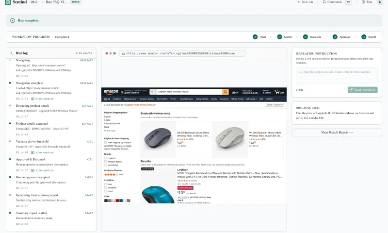 Live run — the agent timeline logs every navigation, extraction, and validation step, with browser screenshots and a human-in-the-loop approval dialog.