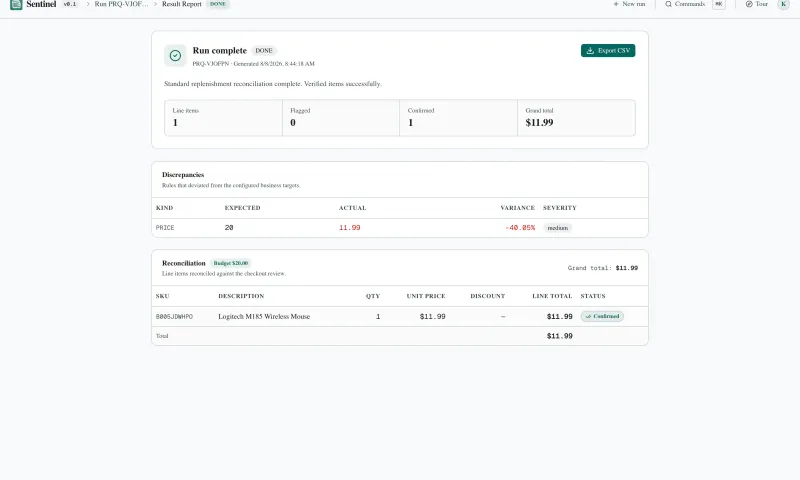 Reconciliation report — flagged discrepancies, human-confirmed items, and a normalized invoice exportable as CSV.